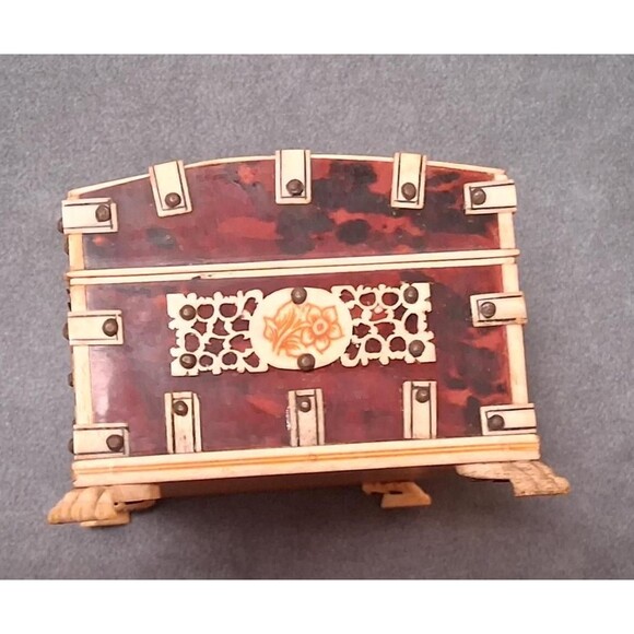 Vintage Vizagapatam Box Faux Tortoiseshell Carved Painted - Picture 6 of 10